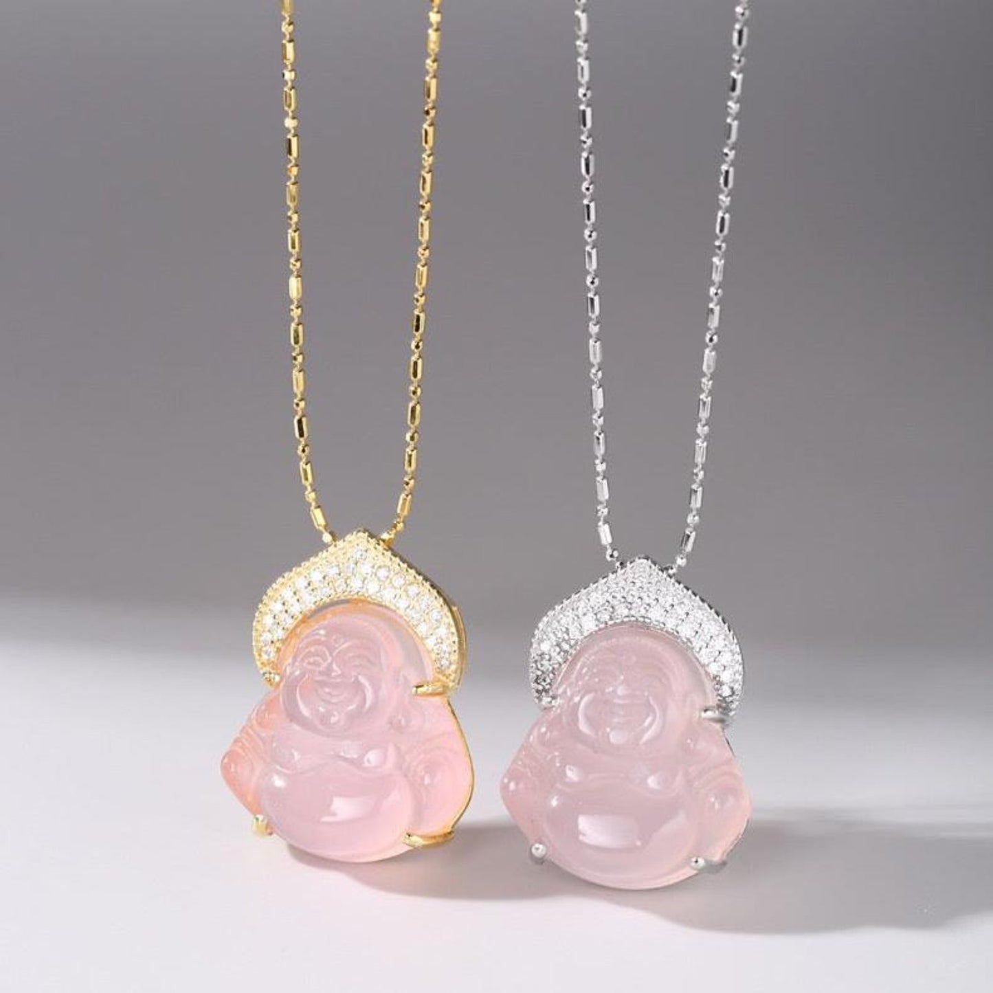 925 Silver & Diamonds Pink Chalcedony Maitreya Necklace