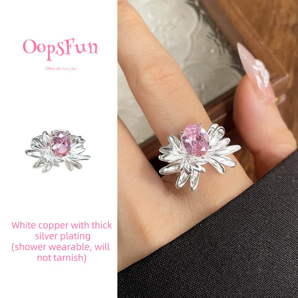 925 silver Pink zircon flower open-end ring