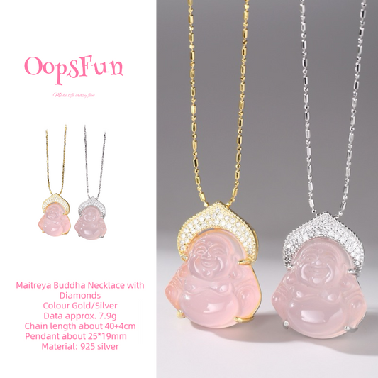 925 Silver & Diamonds Pink Chalcedony Maitreya Necklace