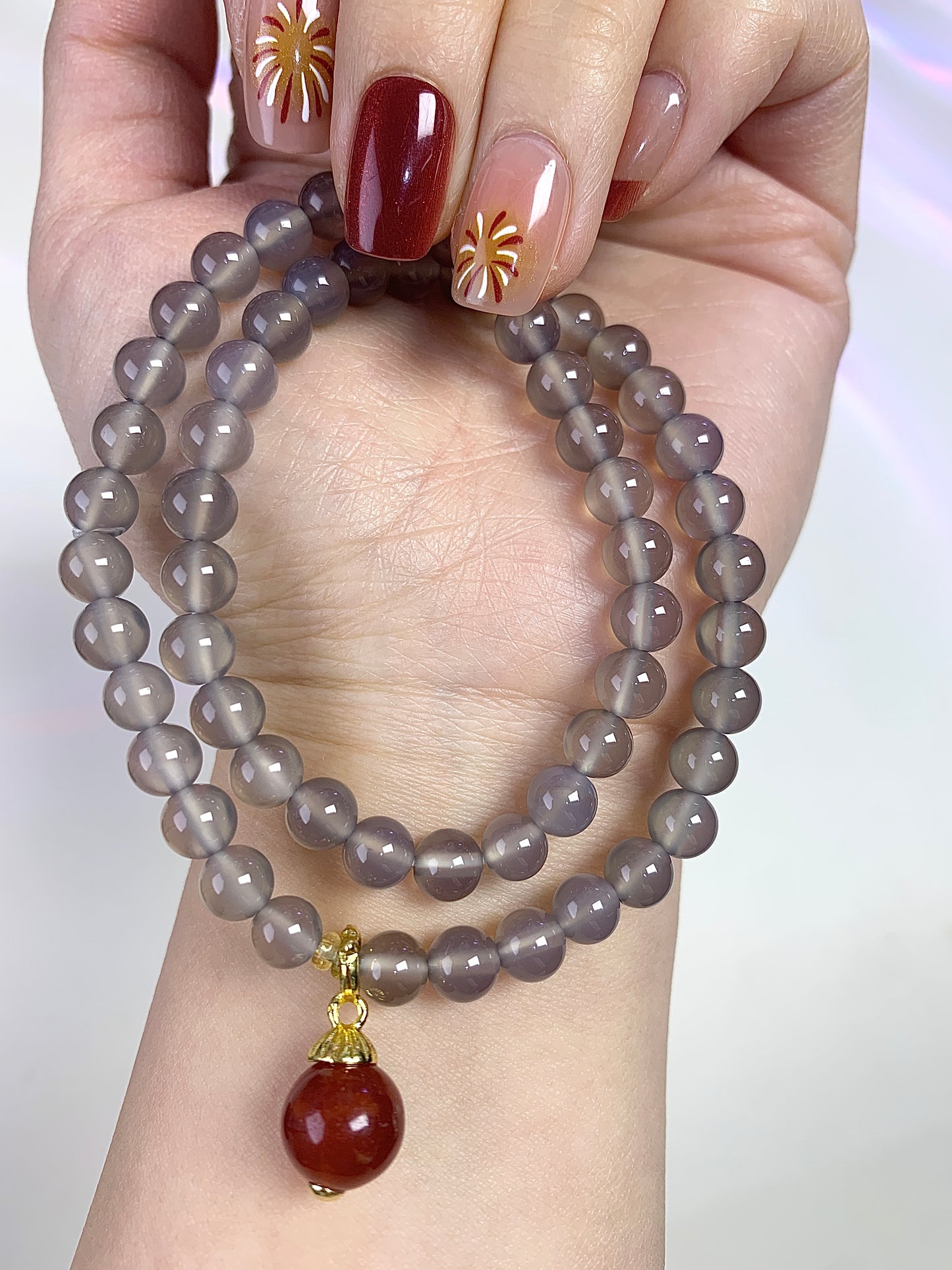 Double circles  grey moonstone 6+8mm(Extend Chain with cornelian)