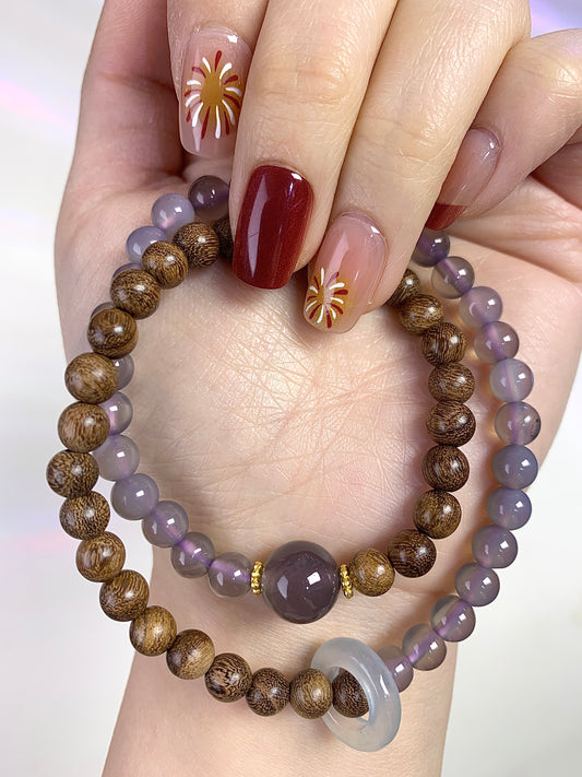 Double circles  sandalwood+grey moonstone 6+8mm(loop design)