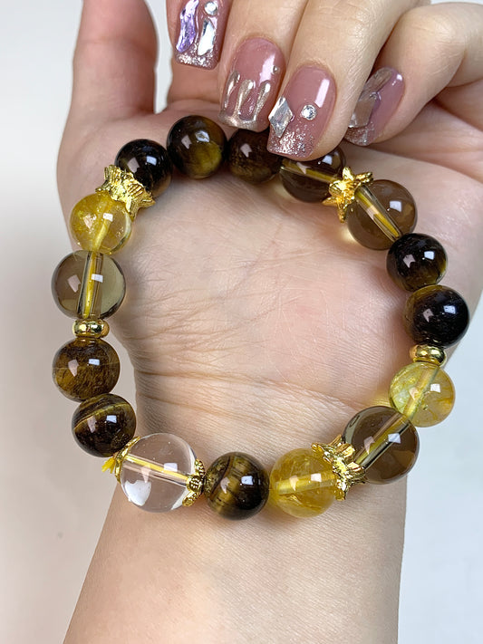 Citrine Smokyquartz Golden Tiger Eye Wealth recruiting bracelet(10mm-12mm)
