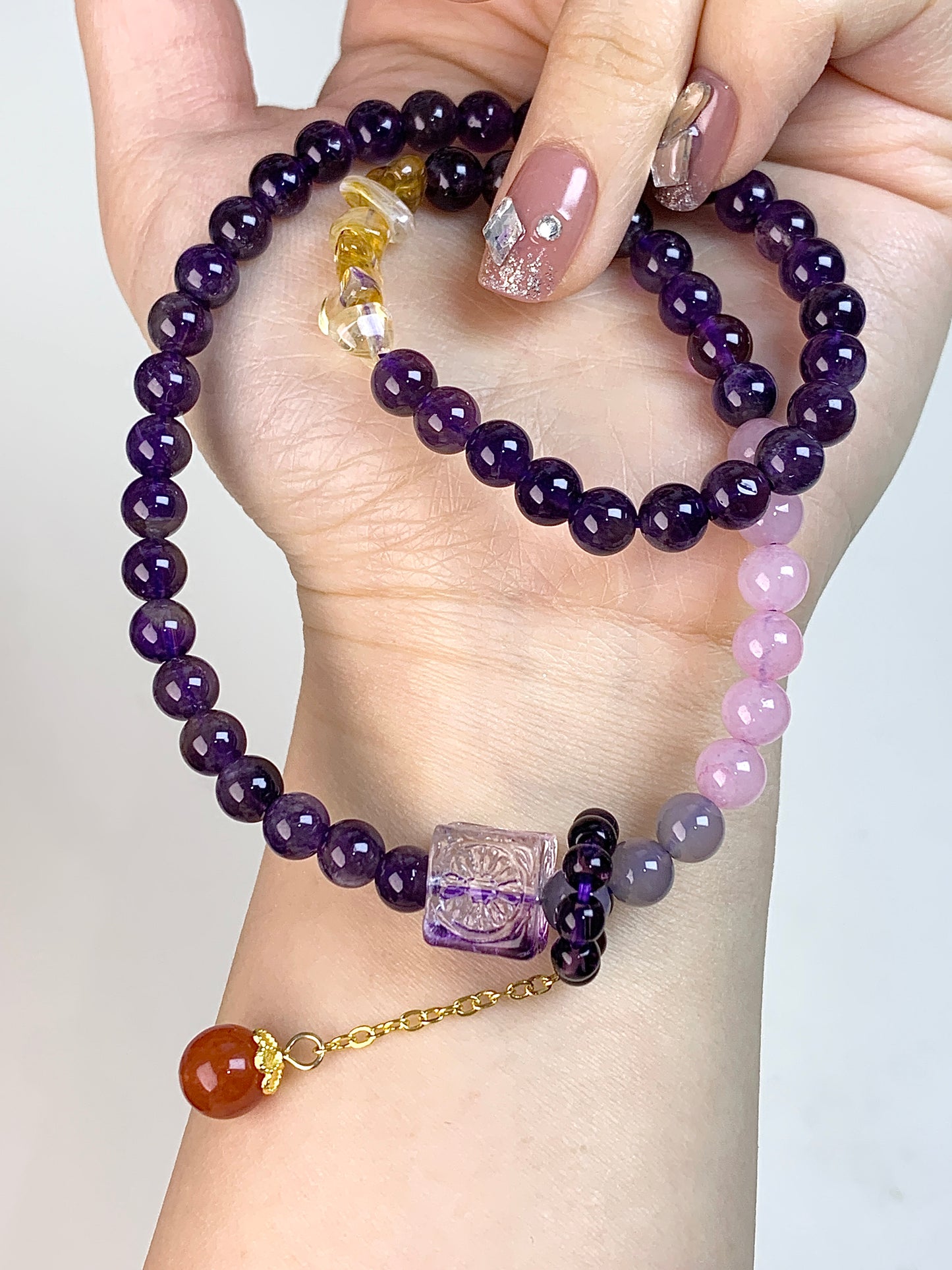 Amethyst  two circles 6mm+Square top bead(+Citrine rose quartz)