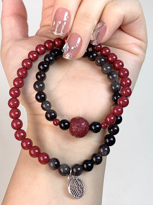 Silver obsidian,Cinnabar double circles (6+8mm)