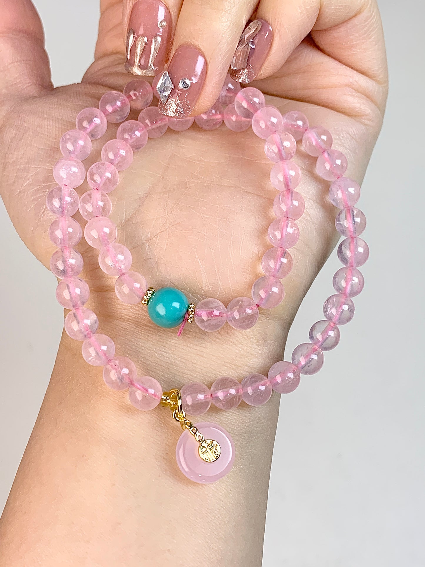 Rose quartz two circles 6mm+ top bead(turquoise)peace buckle