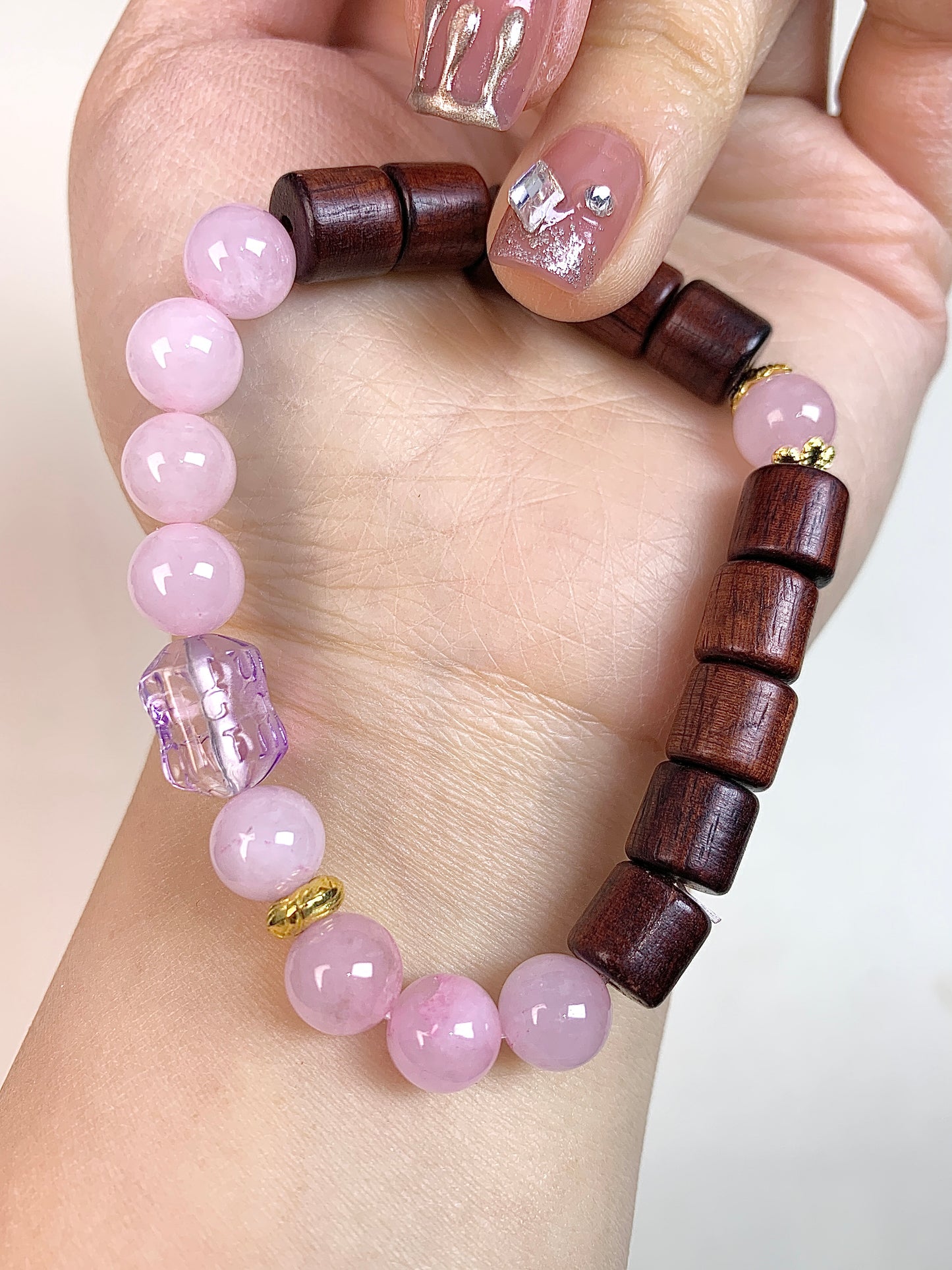 Rose quartz+ sandalwood8mm(Amethyst patterned barrel bead)