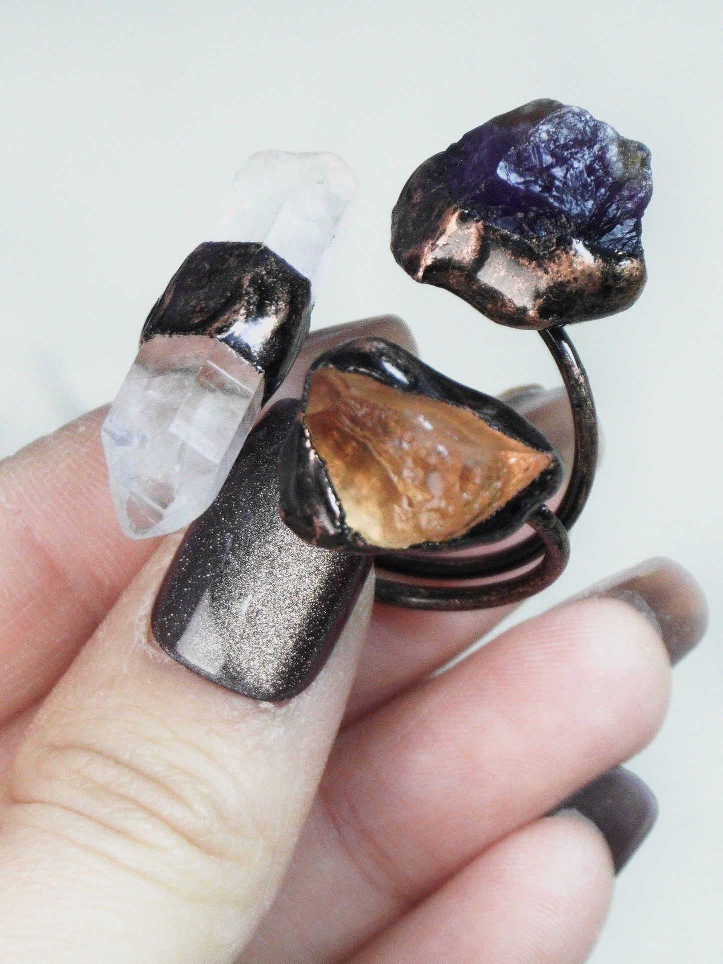 Dark retro amethyst Citrine Clear Crystal Ring