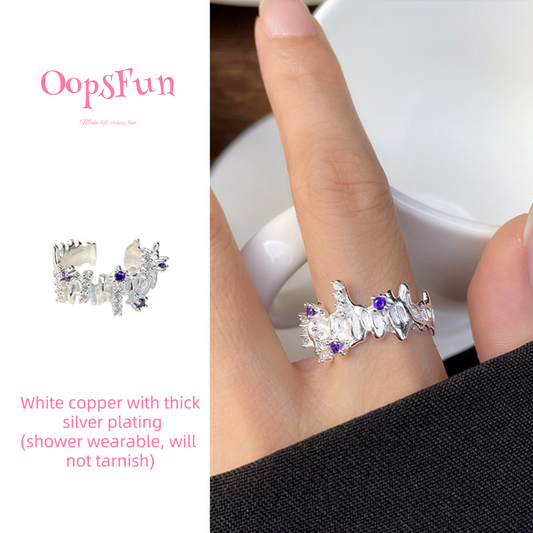 925 Silver Purple Crown with Zircon Open Ring