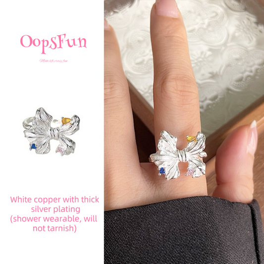 925 silver Butterfly bow with zircon open-end ring