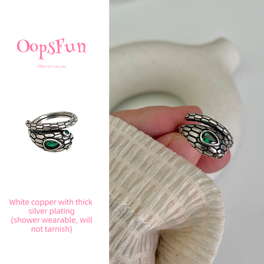 925 silver snake with green gemstone open-end ring