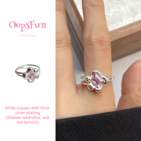 925 silver Flower, pink zircon open-end ring