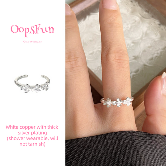 925 silver Three little daisies open-end ring