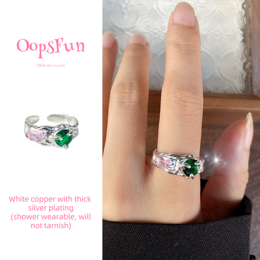 925 silver darkgreen pink zircon open-end ring