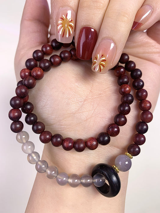 Double circles  blood sandalwood+grey moonstone 6mm