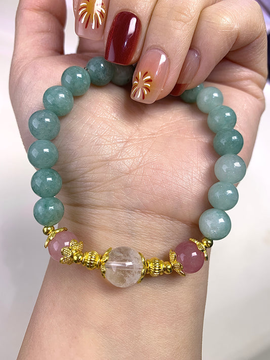 Jade +rose quartz  + clear quartz bracelet 8mm