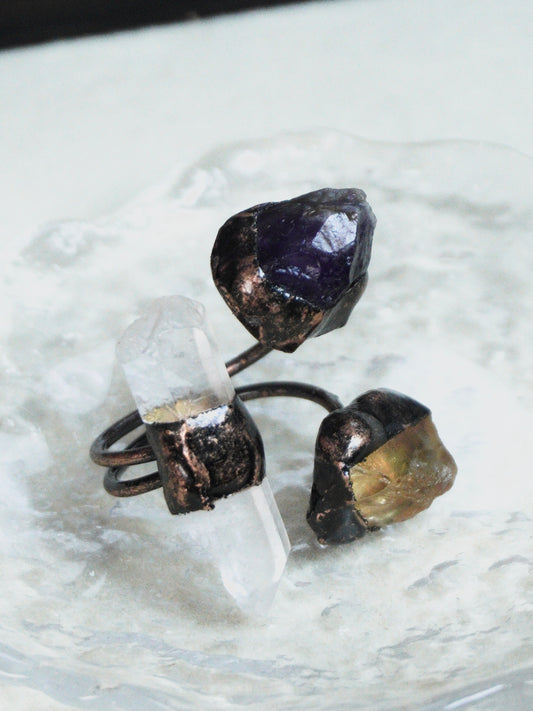 Dark retro amethyst Citrine Clear Crystal Ring